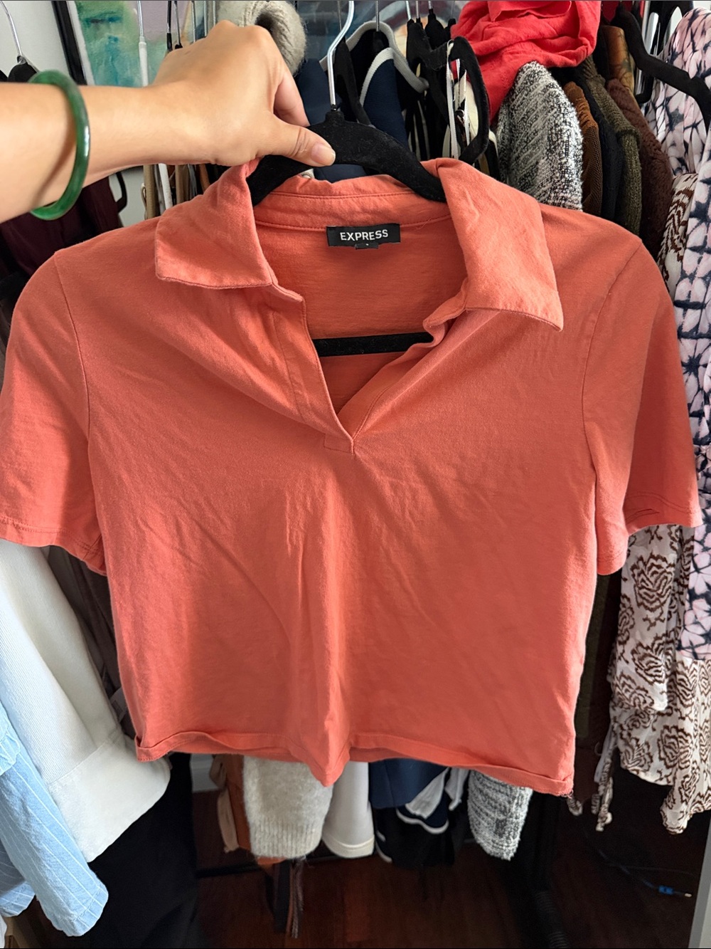 Express Coral Open-Collar Polo Crop Top